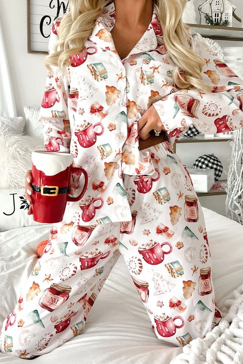 White Christmas Pattern Long Sleeve Shirt and Pants Pajama Set - Love Salve 