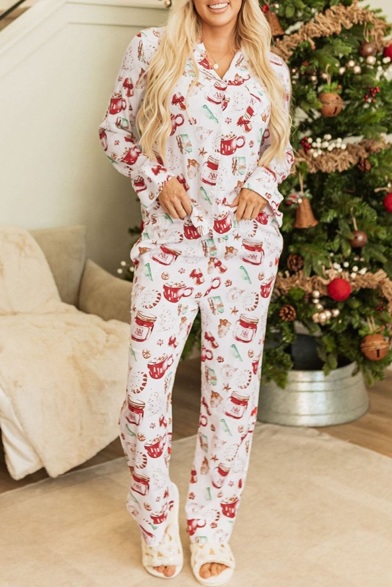 White Christmas Pattern Long Sleeve Shirt and Pants Pajama Set - Love Salve 