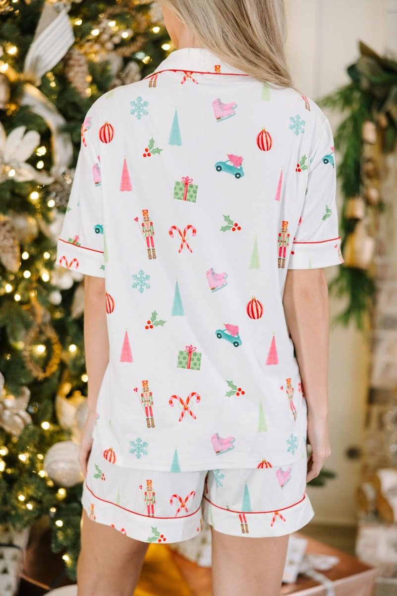 White Christmas Print Short Sleeve Shirt and Shorts Pajama Set - Love Salve 
