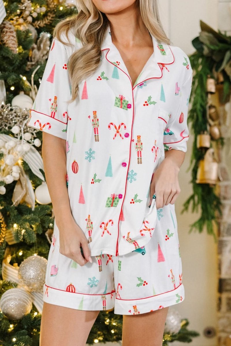 White Christmas Print Short Sleeve Shirt and Shorts Pajama Set - Love Salve 