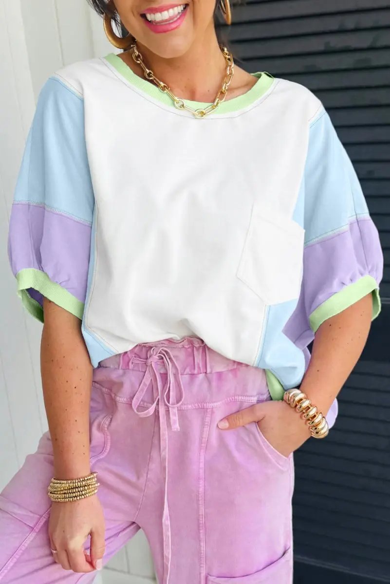 White Color Block Patchwork Half Sleeve Oversized T Shirt - Love Salve 