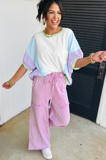 White Color Block Patchwork Half Sleeve Oversized T Shirt - Love Salve 