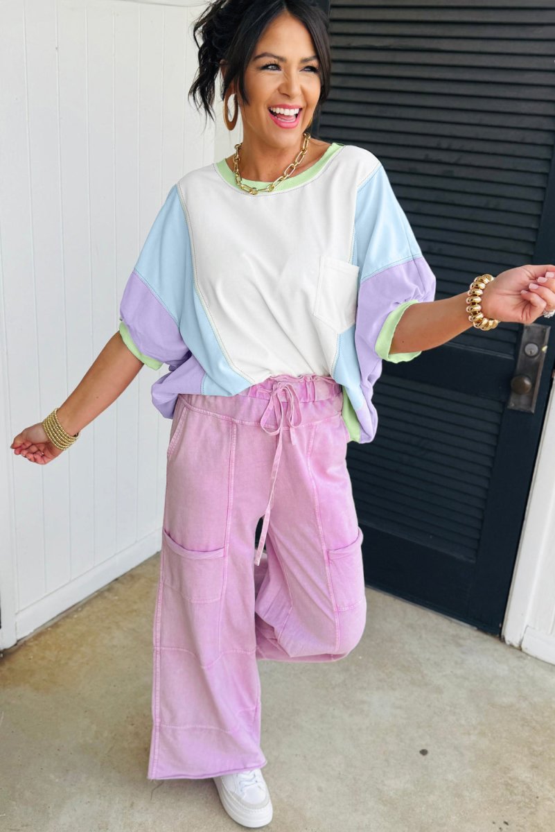 White Color Block Patchwork Half Sleeve Oversized T Shirt - Love Salve 