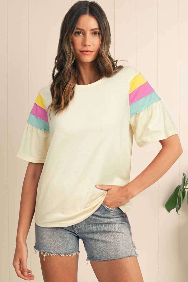 White Color Block Stitched Sleeve Loose T Shirt for Women - Love Salve 
