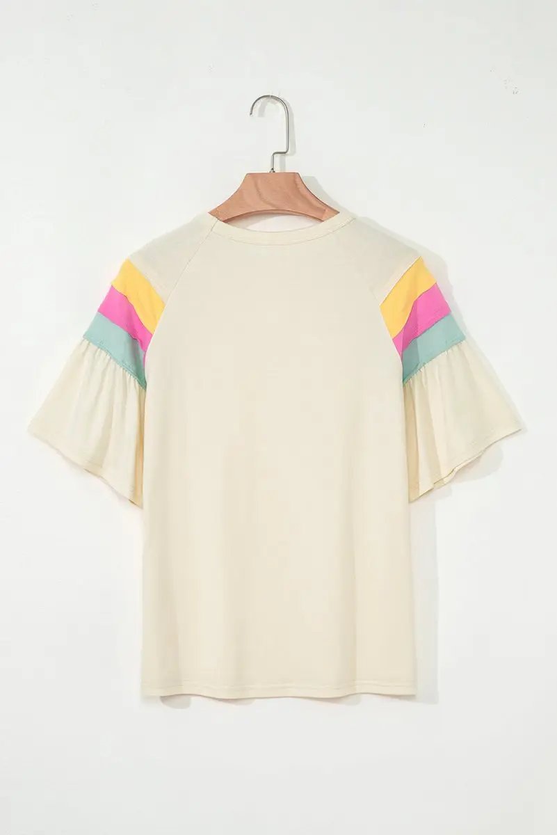 White Color Block Stitched Sleeve Loose T Shirt for Women - Love Salve 