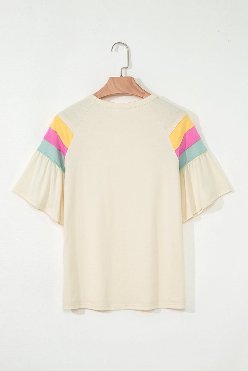 White Color Block Stitched Sleeve Loose T Shirt for Women - Love Salve 