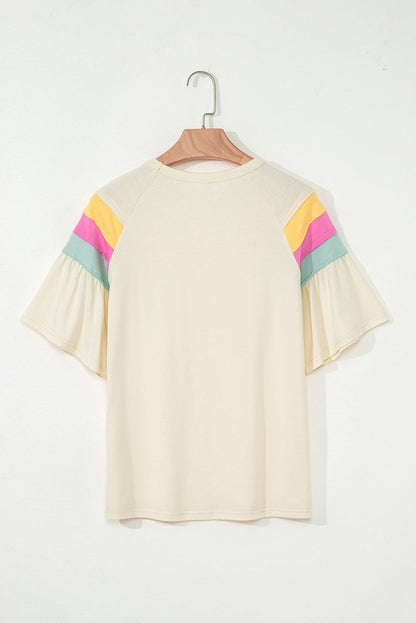 White Color Block Stitched Sleeve Loose T Shirt for Women - Love Salve 