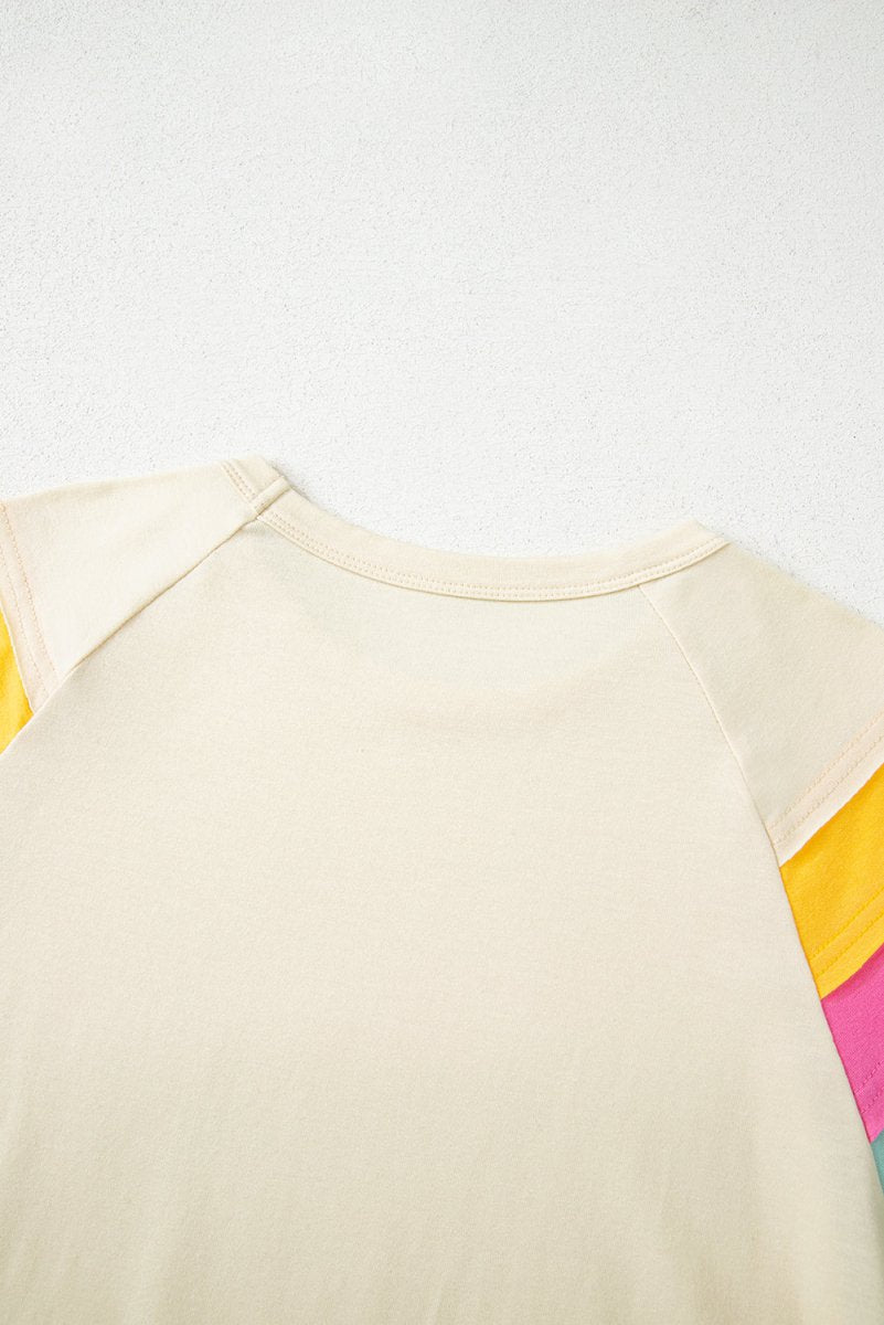 White Color Block Stitched Sleeve Loose T Shirt for Women - Love Salve 