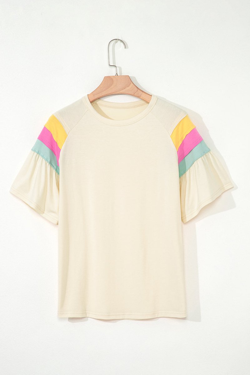 White Color Block Stitched Sleeve Loose T Shirt for Women - Love Salve 