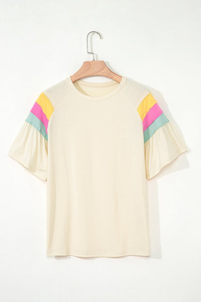White Color Block Stitched Sleeve Loose T Shirt for Women - Love Salve 