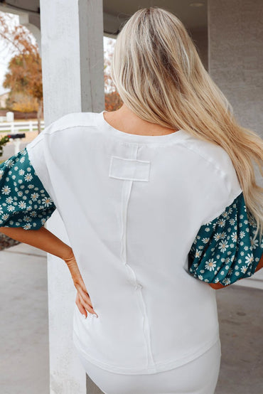 White Contrast Floral Puff Sleeve Oversized Top for Women - Love Salve 