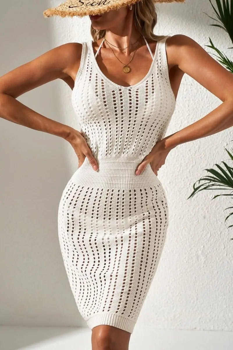 White Crochet Eyelet Sleeveless V-Neck Dress for Beach outings - Love Salve 