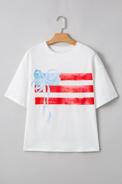 White Flag Bow Graphic Crewneck Tee for Casual Style - Love Salve 