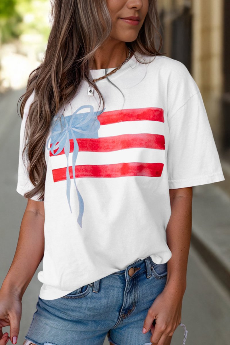White Flag Bow Graphic Crewneck Tee for Casual Style - Love Salve 