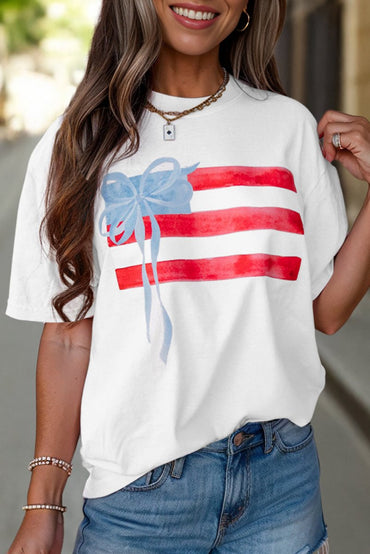 White Flag Bow Graphic Crewneck Tee for Casual Style - Love Salve 