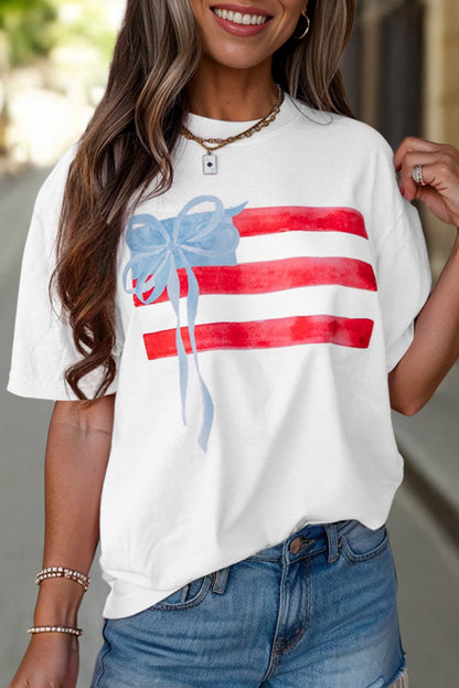 White Flag Bow Graphic Crewneck Tee for Casual Style - Love Salve 