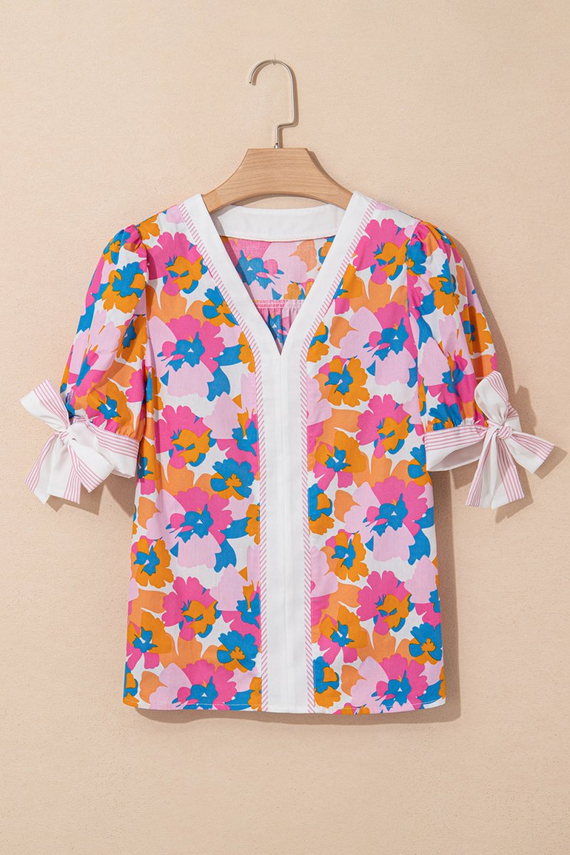 White Floral Colorblock Striped Edge V Neck Knotted Blouse - Love Salve 