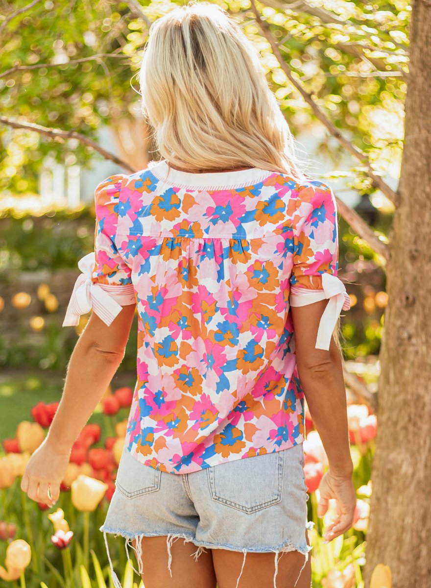 White Floral Colorblock Striped Edge V Neck Knotted Blouse - Love Salve 