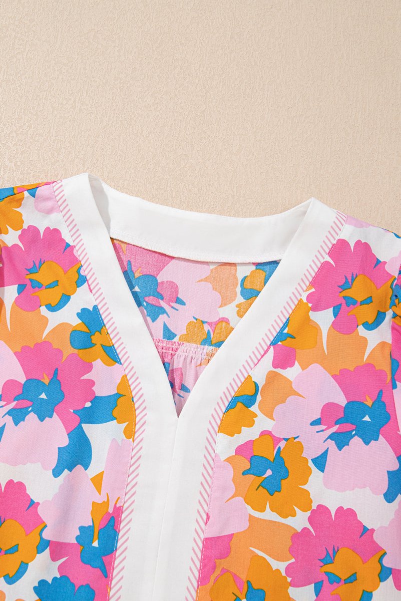 White Floral Colorblock Striped Edge V Neck Knotted Blouse - Love Salve 