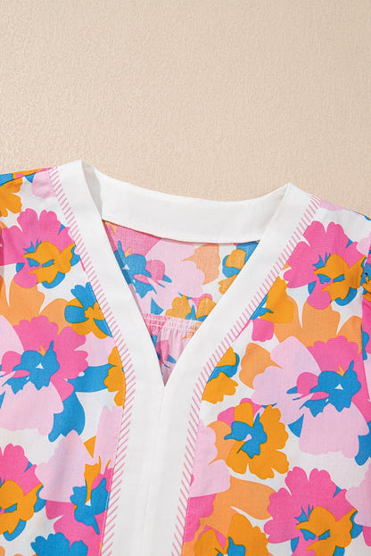 White Floral Colorblock Striped Edge V Neck Knotted Blouse - Love Salve 