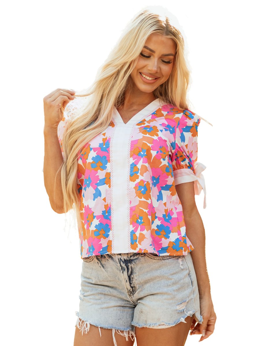 White Floral Colorblock Striped Edge V Neck Knotted Blouse - Love Salve 