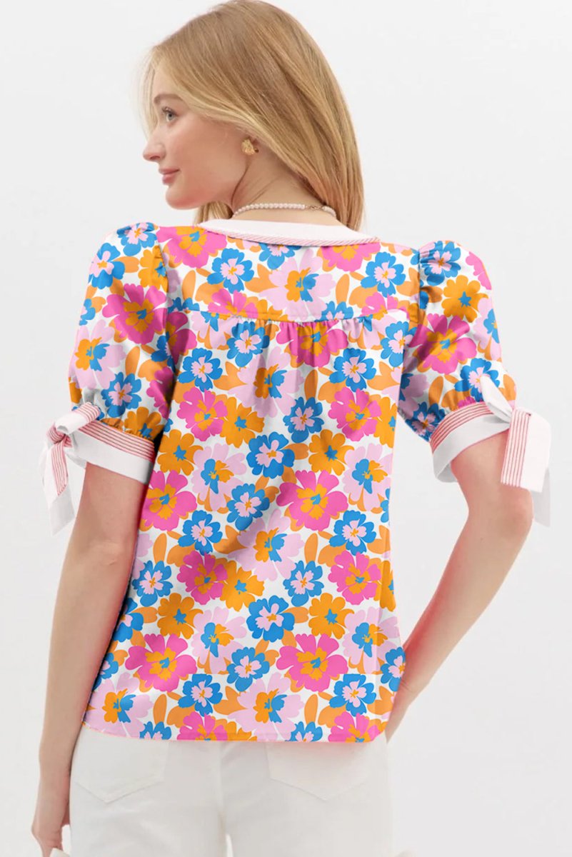 White Floral Colorblock Striped Edge V Neck Knotted Blouse - Love Salve 