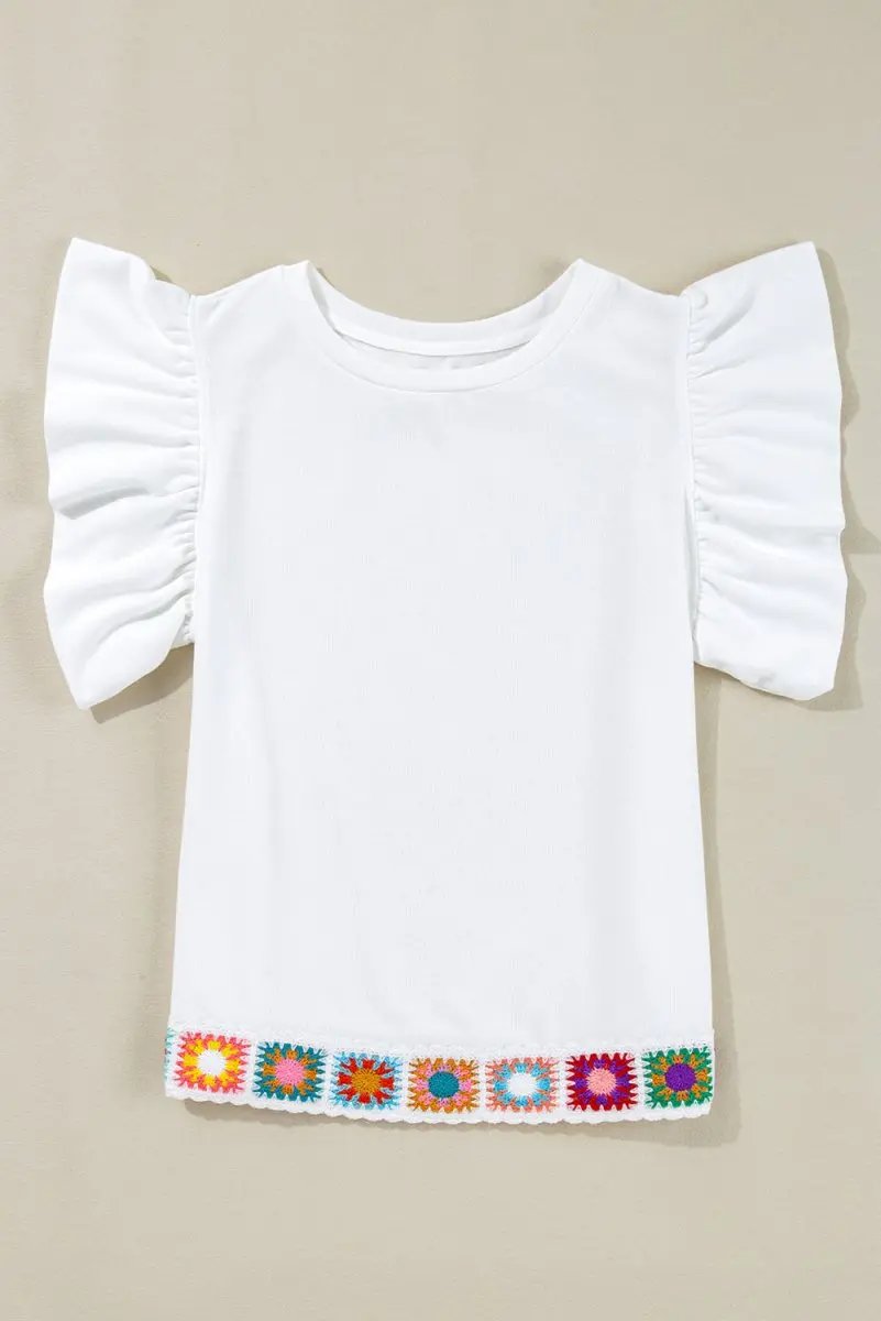 White Floral Crochet Patched Ruffled Sleeve Crewneck Blouse - Love Salve 
