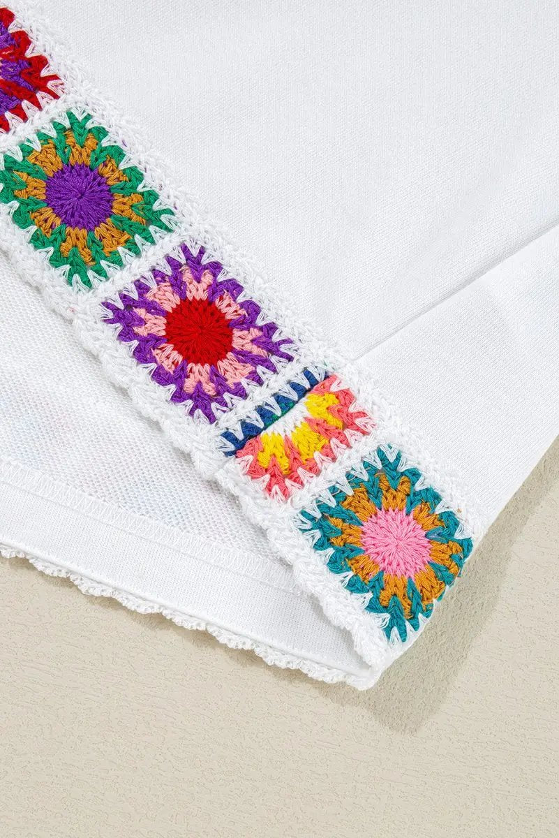 White Floral Crochet Patched Ruffled Sleeve Crewneck Blouse - Love Salve 