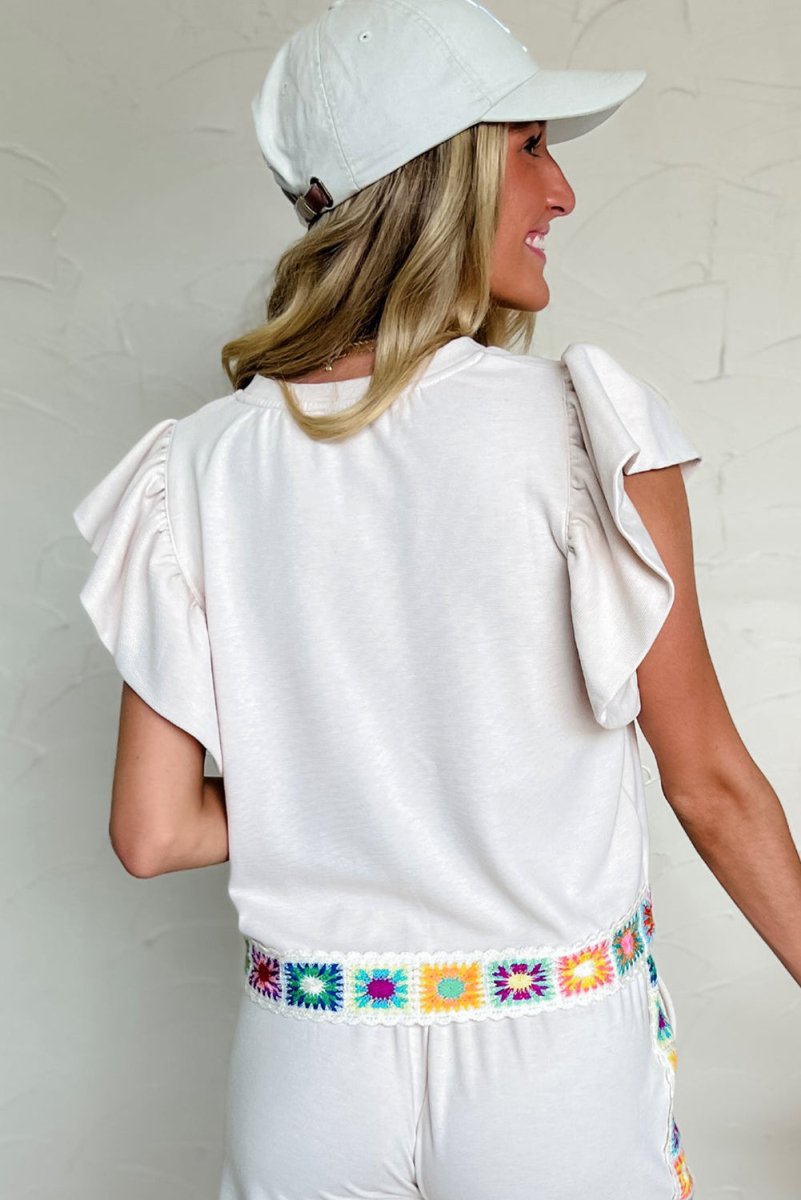 White Floral Crochet Patched Ruffled Sleeve Crewneck Blouse - Love Salve 