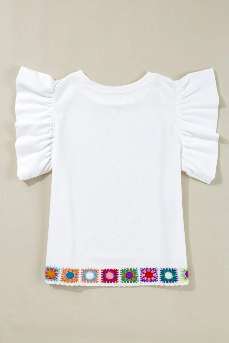 White Floral Crochet Patched Ruffled Sleeve Crewneck Blouse - Love Salve 
