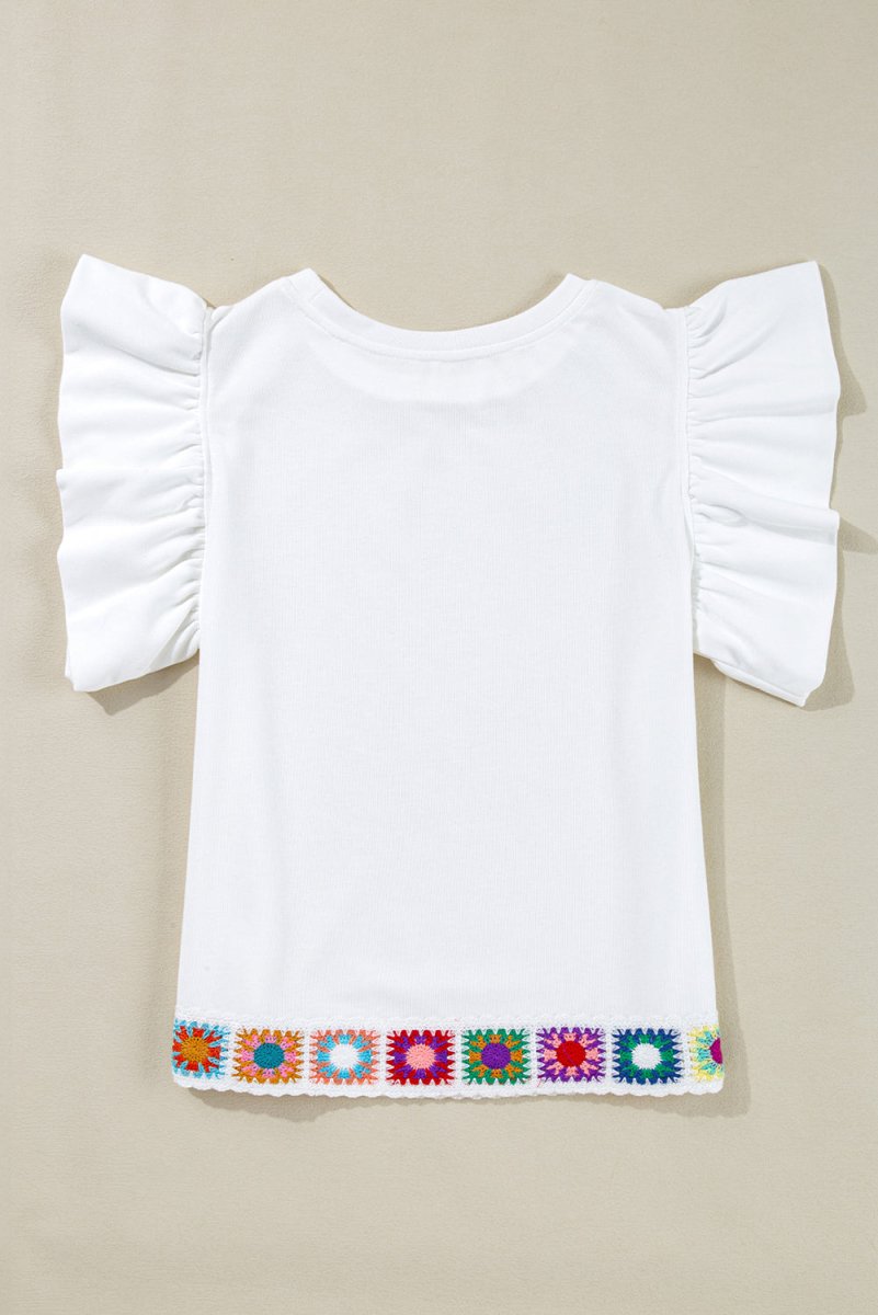 White Floral Crochet Patched Ruffled Sleeve Crewneck Blouse - Love Salve 