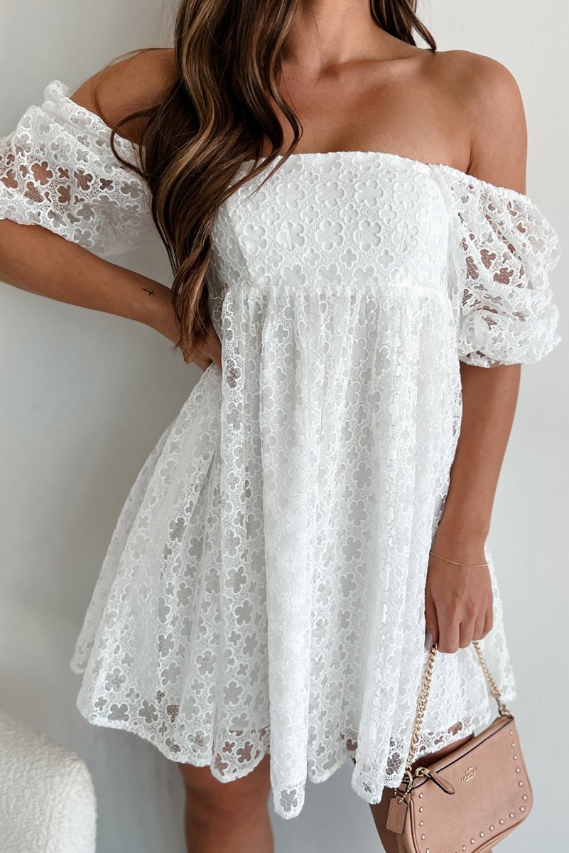 White Floral Lace Puff Sleeve Empire Waist Mini Dress - Love Salve 