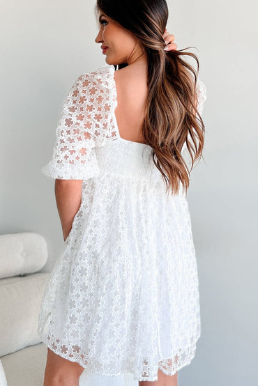 White Floral Lace Puff Sleeve Empire Waist Mini Dress - Love Salve 
