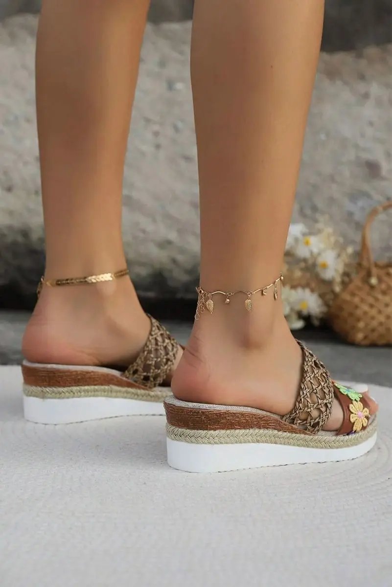 White Floral Print Braided Details Wedge Slippers - Love Salve 