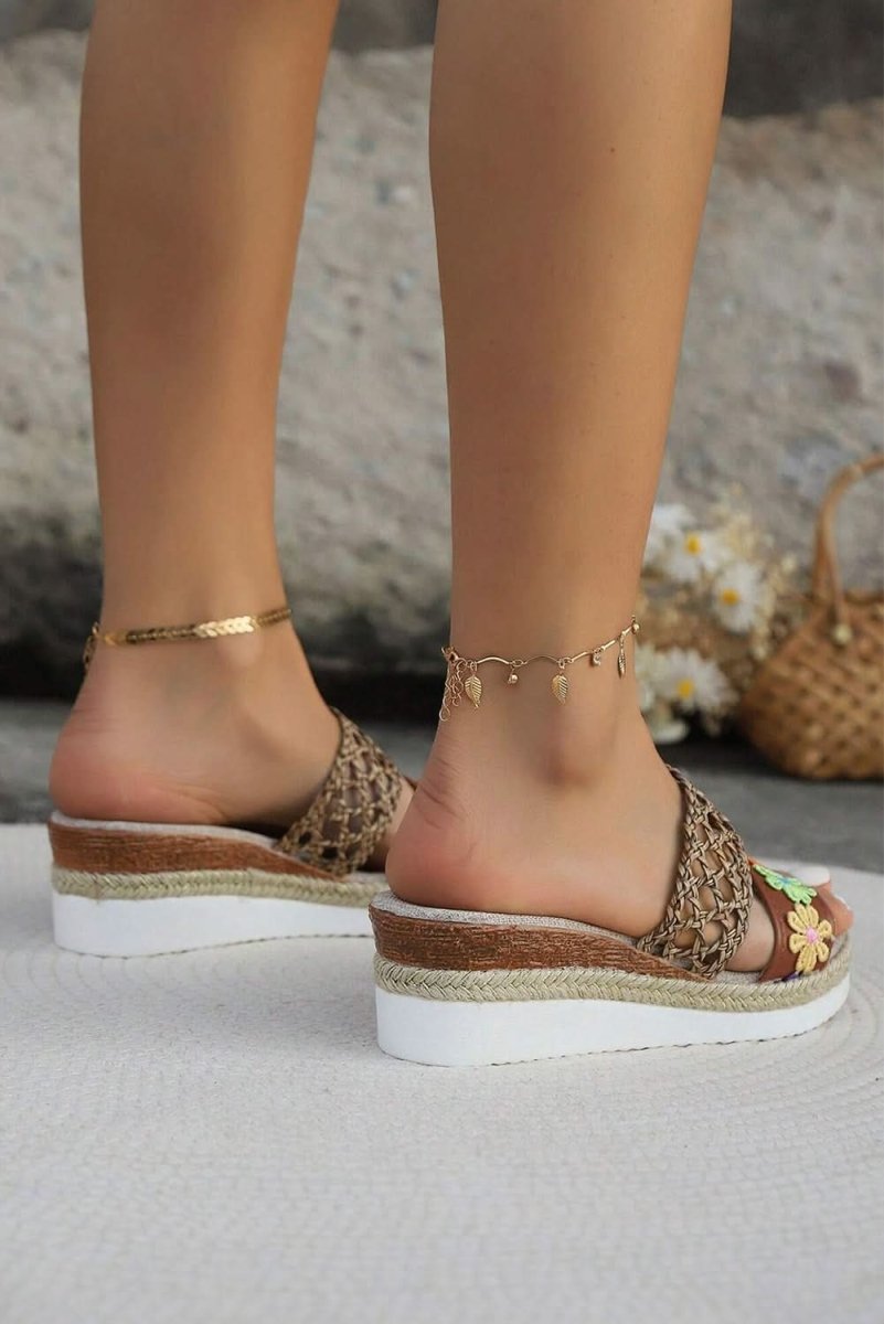 White Floral Print Braided Details Wedge Slippers - Love Salve