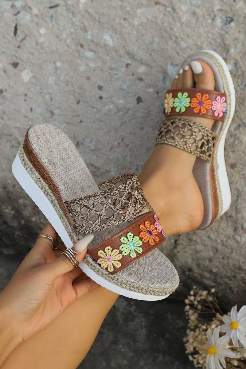 White Floral Print Braided Details Wedge Slippers - Love Salve