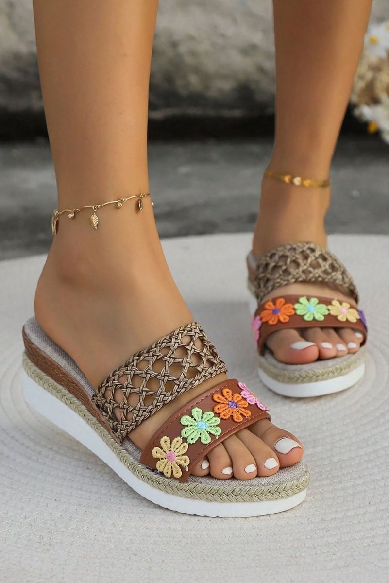 White Floral Print Braided Details Wedge Slippers - Love Salve