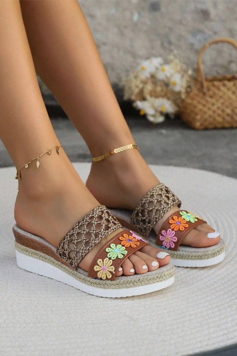 White Floral Print Braided Details Wedge Slippers - Love Salve