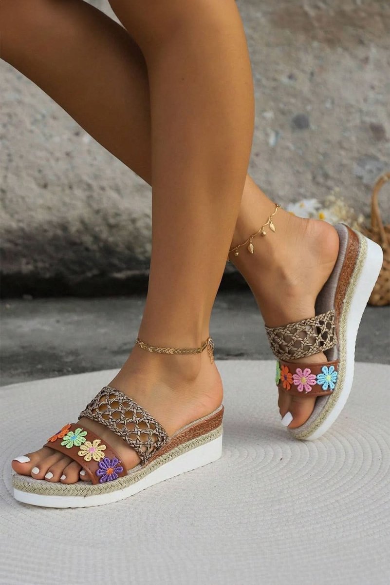 White Floral Print Braided Details Wedge Slippers - Love Salve