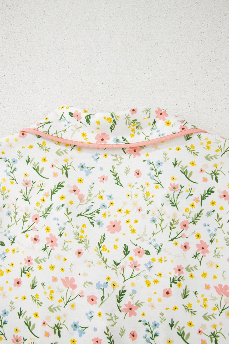 White Floral Print Contrast Pipping Short Pajamas Set for Women - Love Salve 