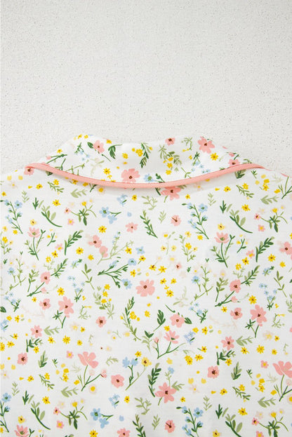 White Floral Print Contrast Pipping Short Pajamas Set for Women - Love Salve 