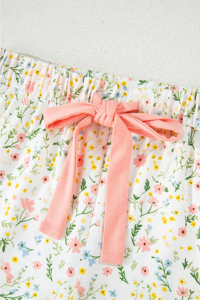 White Floral Print Contrast Pipping Short Pajamas Set for Women - Love Salve 
