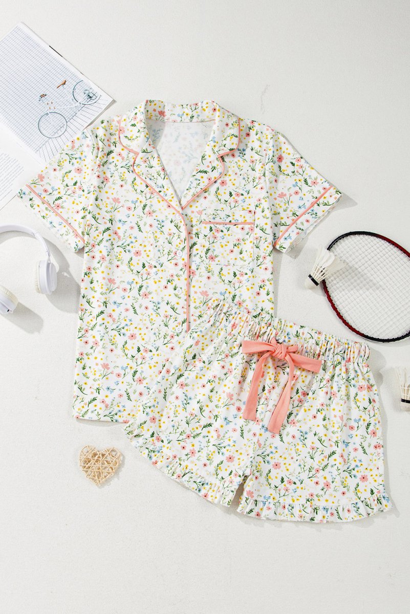 White Floral Print Contrast Pipping Short Pajamas Set for Women - Love Salve 