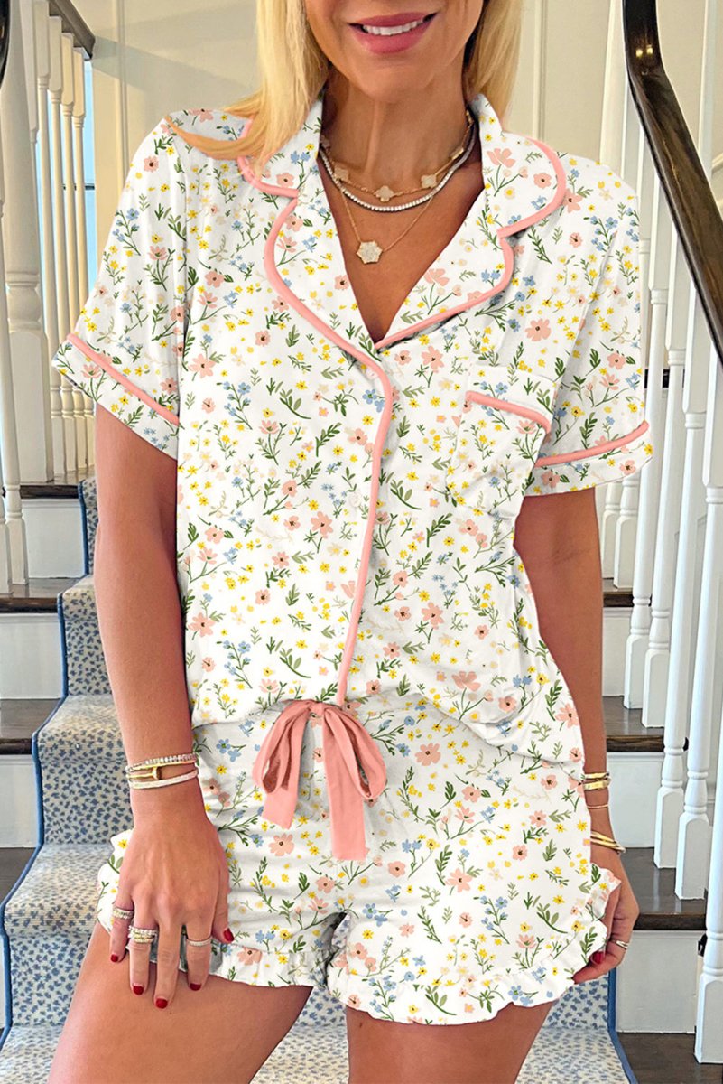 White Floral Print Contrast Pipping Short Pajamas Set for Women - Love Salve 