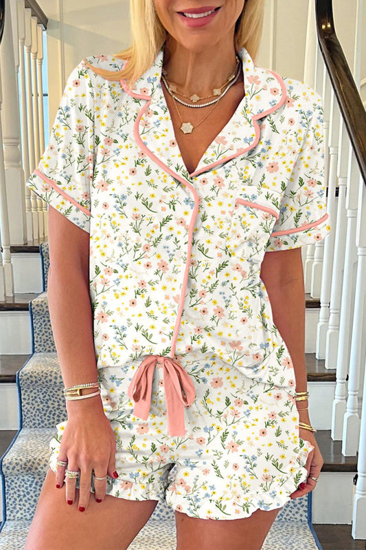 White Floral Print Contrast Pipping Short Pajamas Set for Women - Love Salve 