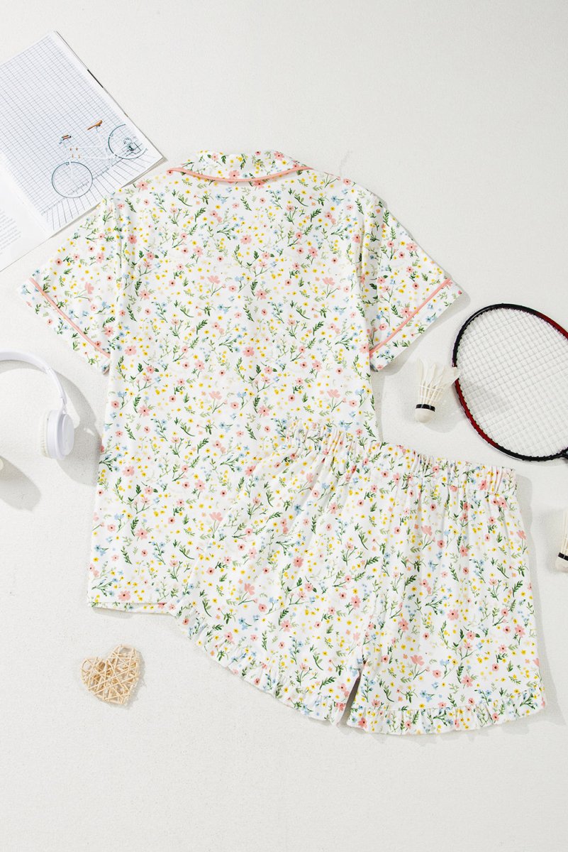 White Floral Print Contrast Pipping Short Pajamas Set for Women - Love Salve 
