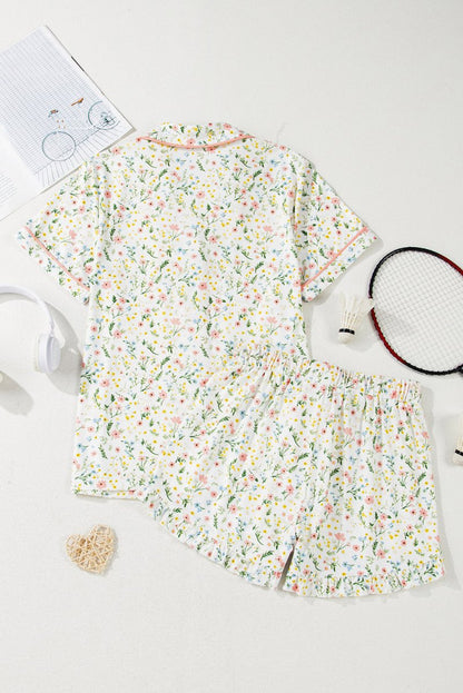 White Floral Print Contrast Pipping Short Pajamas Set for Women - Love Salve 
