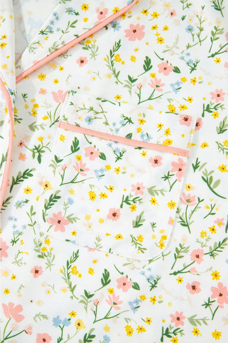White Floral Print Contrast Pipping Short Pajamas Set for Women - Love Salve 