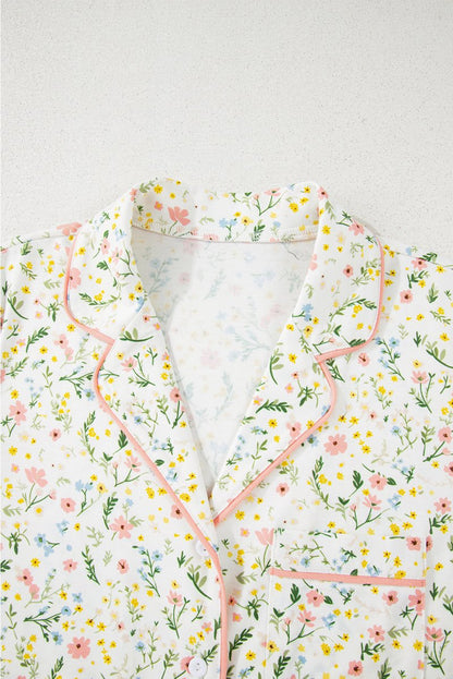 White Floral Print Contrast Pipping Short Pajamas Set for Women - Love Salve 
