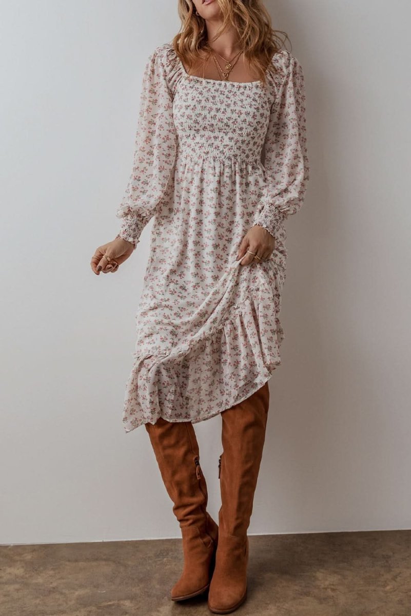 White Floral Print Shirred Ruffled Hem Square Neck Midi Dress - Love Salve 